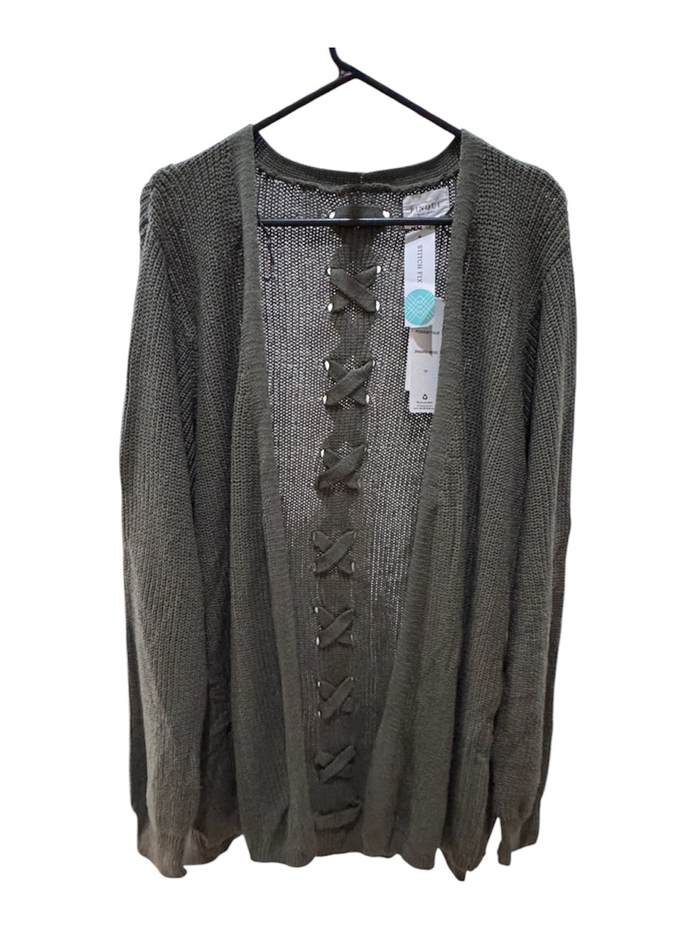 Women's Olive Green Open-Front Knit Cardigan with Lace-Up Detail